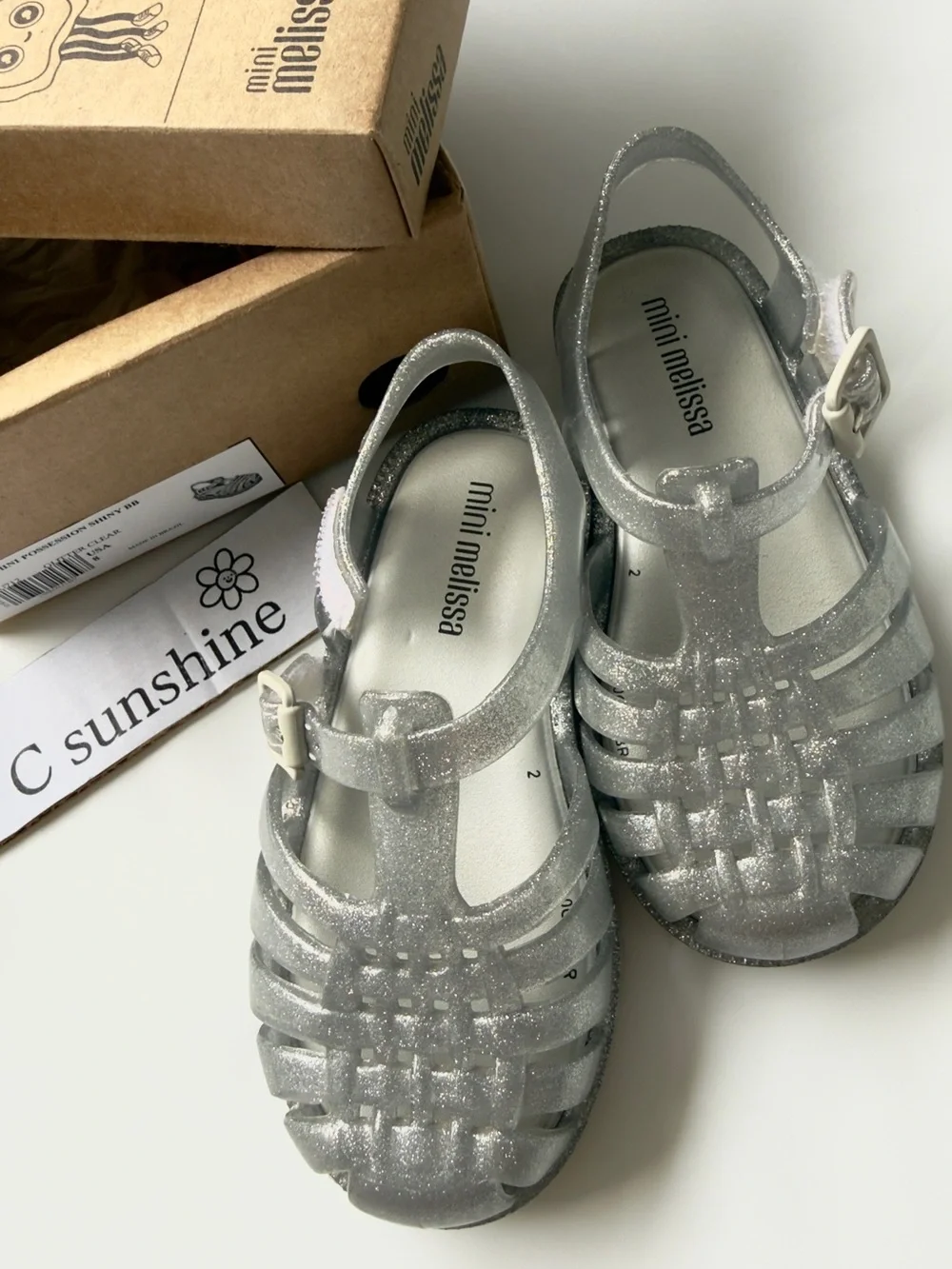 Mini Melissa Silver Glitter Jelly Sandals for Kids